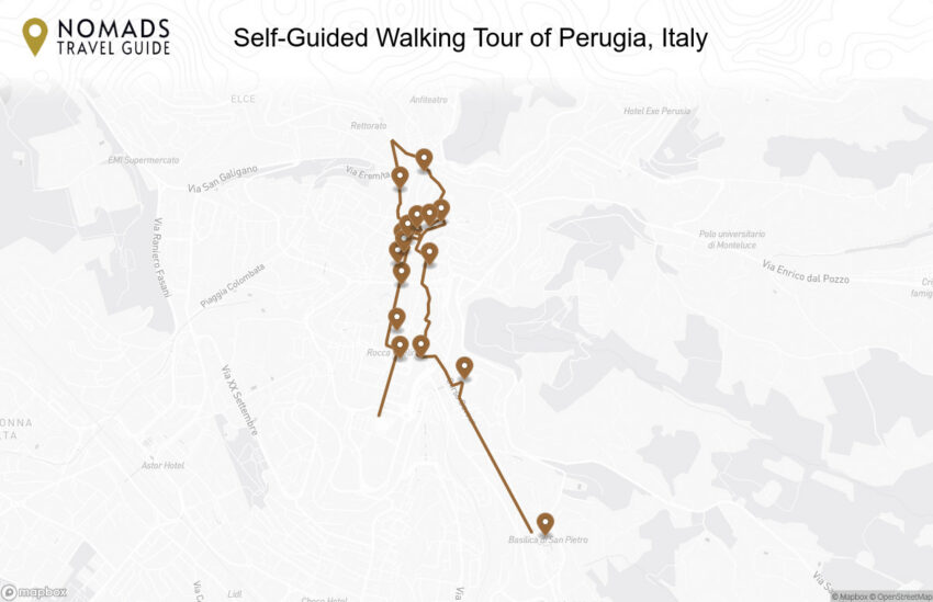 Map of the Self-Guided Walking Tour of Perugia, Italy walking route with 17 stops in Perugia.