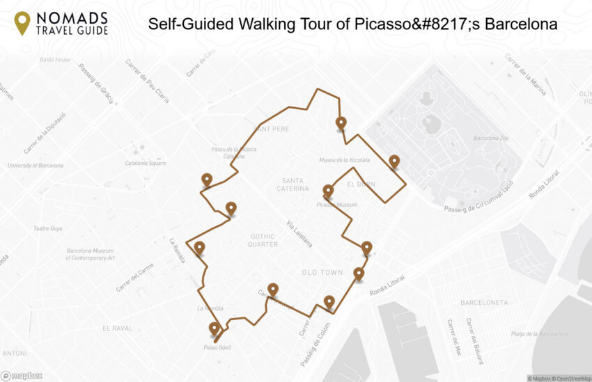 Map of the Self-Guided Walking Tour of Picasso’s Barcelona walking route with 11 stops in Barcelona.
