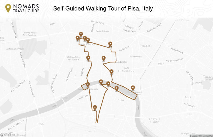 Map of the Self-Guided Walking Tour of Pisa, Italy walking route with 14 stops in Pisa.