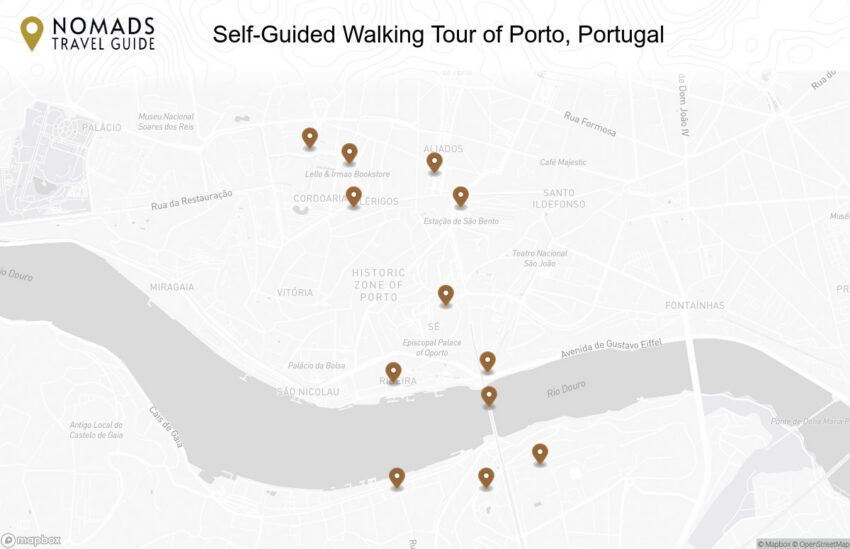 Map of the Self-Guided Walking Tour of Porto, Portugal walking route with 12 stops in Porto.