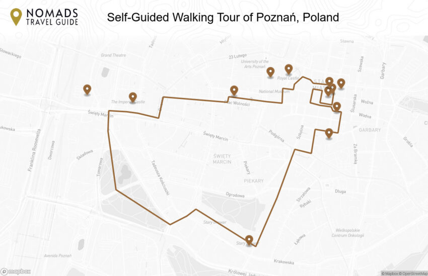 Map of the Self-Guided Walking Tour of Poznań, Poland walking route with 12 stops in Poznań.