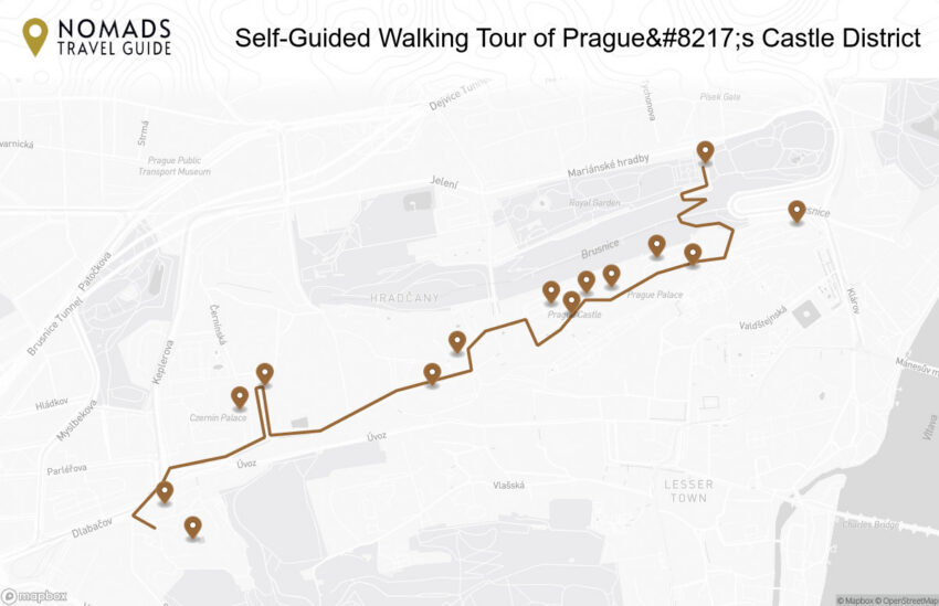Map of the Self-Guided Walking Tour of Prague’s Castle District walking route with 14 stops in Prague.