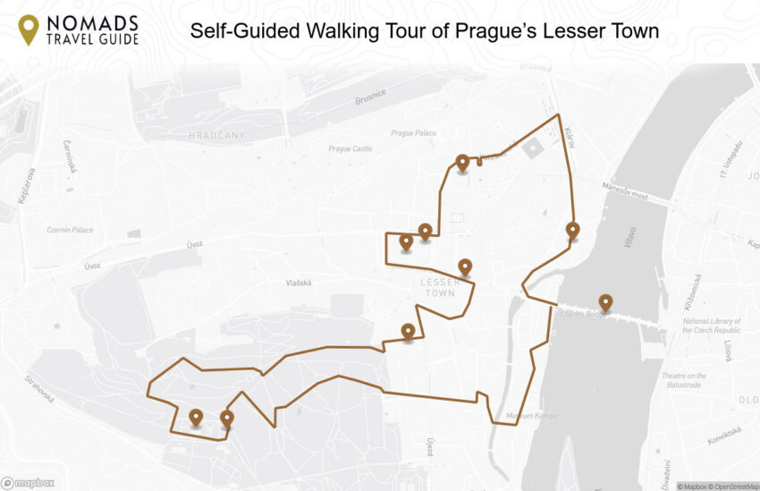 Map of the Self-Guided Walking Tour of Prague’s Lesser Town walking route with 9 stops in Prague.