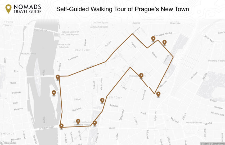Map of the Self-Guided Walking Tour of Prague’s New Town walking route with 10 stops in Prague.