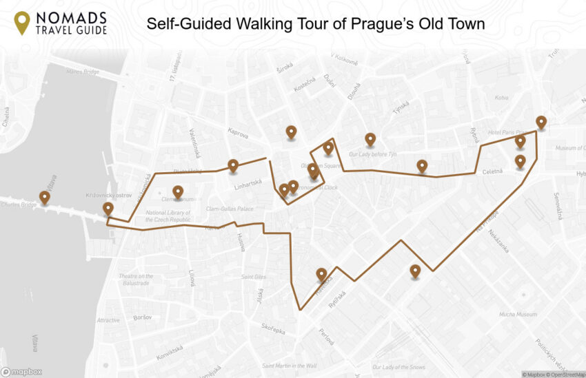 Map of the Self-Guided Walking Tour of Prague’s Old Town walking route with 17 stops in Prague.