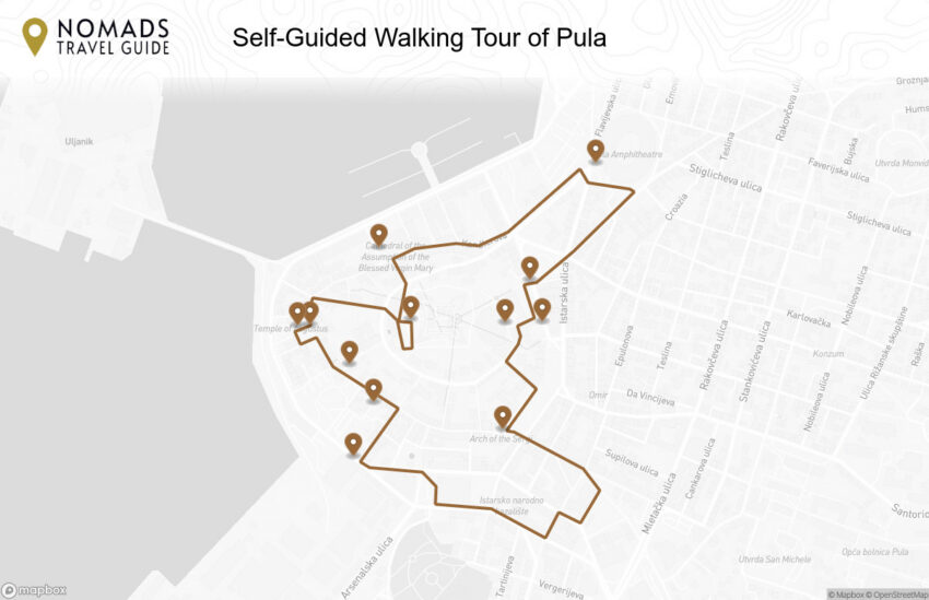 Map of the Self-Guided Walking Tour of Pula walking route with 12 stops in Pula.