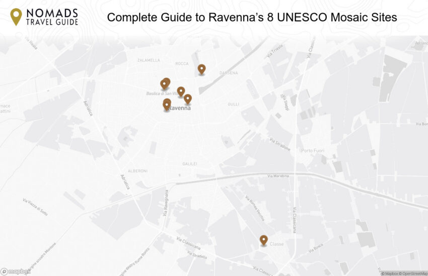 Map of the Complete Guide to Ravenna’s 8 UNESCO Mosaic Sites walking route with 8 stops in Ravenna.