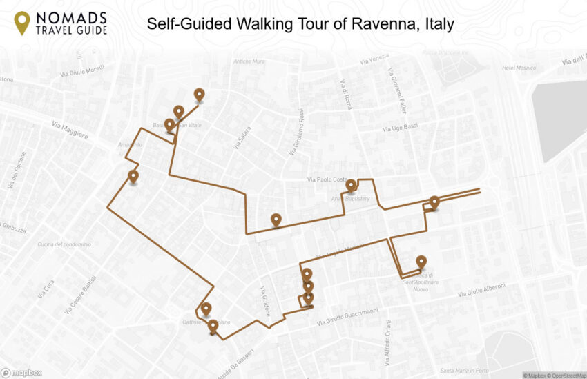 Map of the Self-Guided Walking Tour of Ravenna, Italy walking route with 13 stops in Ravenna.