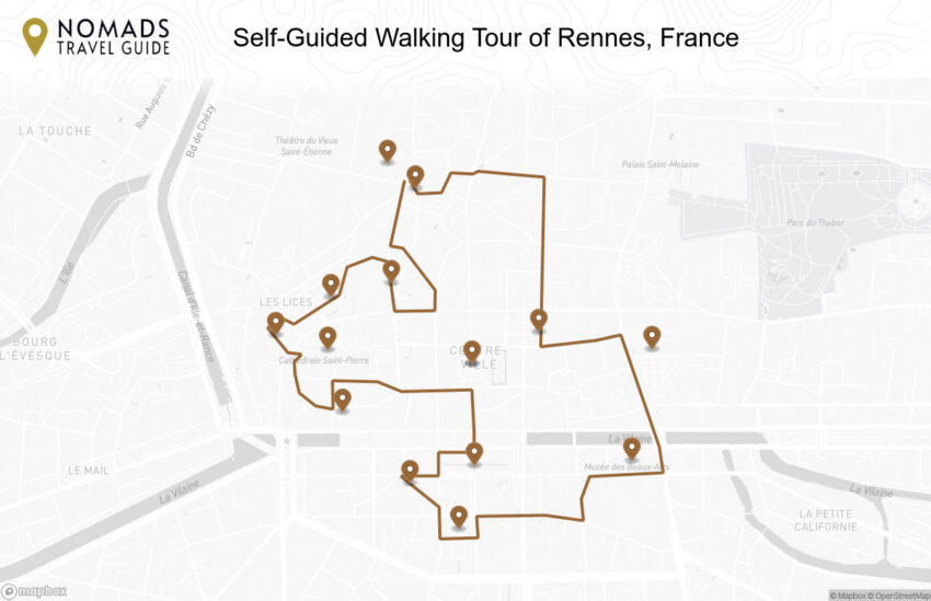 Map of the Self-Guided Walking Tour of Rennes, France walking route with 15 stops in Rennes.