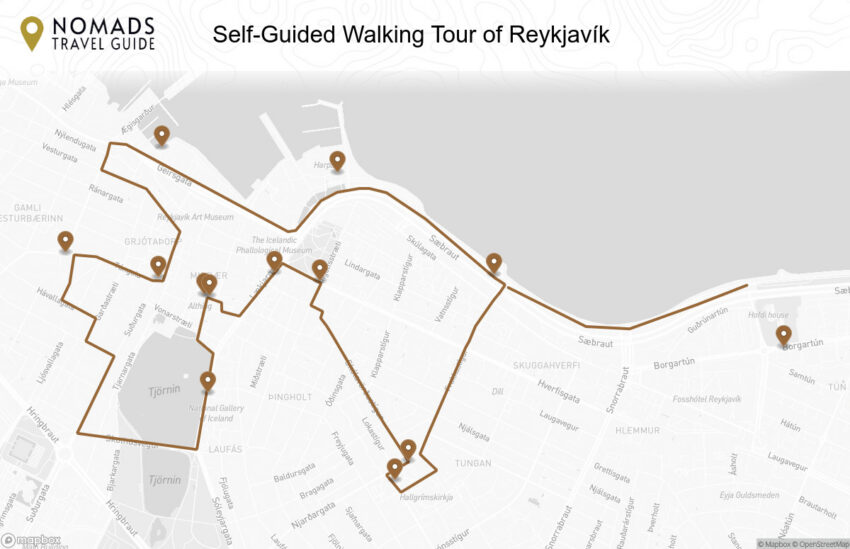 Map of the Self-Guided Walking Tour of Reykjavík walking route with 13 stops in Reykjavik.