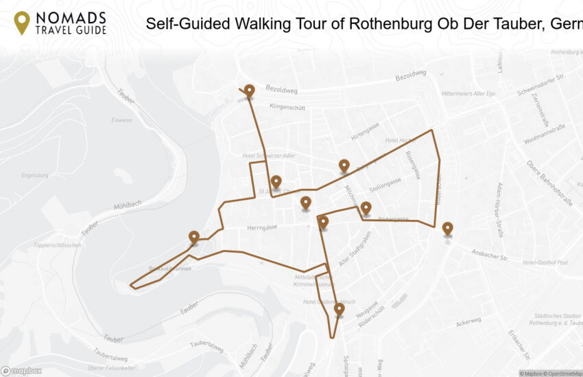 Map of the Self-Guided Walking Tour of Rothenburg Ob Der Tauber, Germany walking route with 9 stops in Rothenburg ob der Tauber.