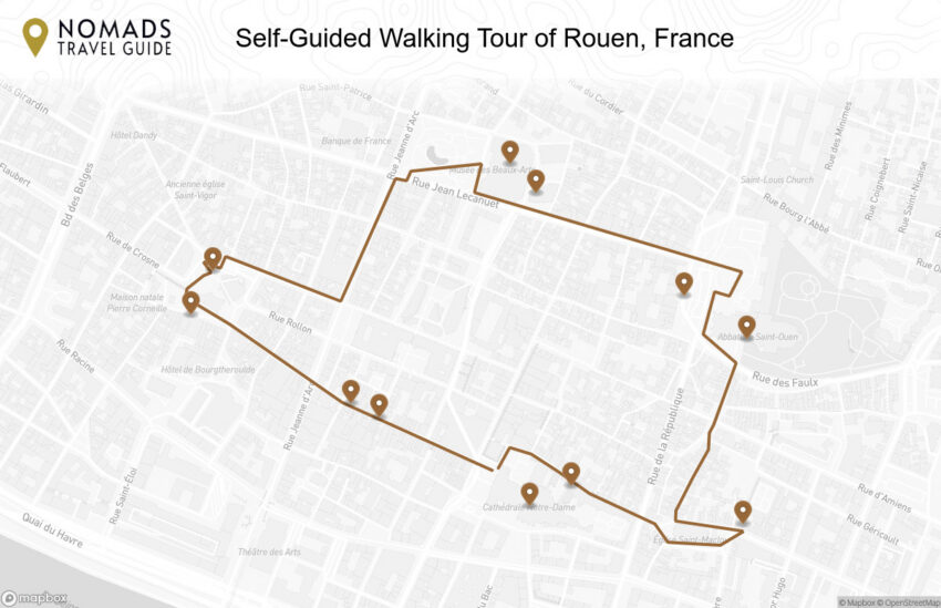 Map of the Self-Guided Walking Tour of Rouen, France walking route with 11 stops in Rouen.
