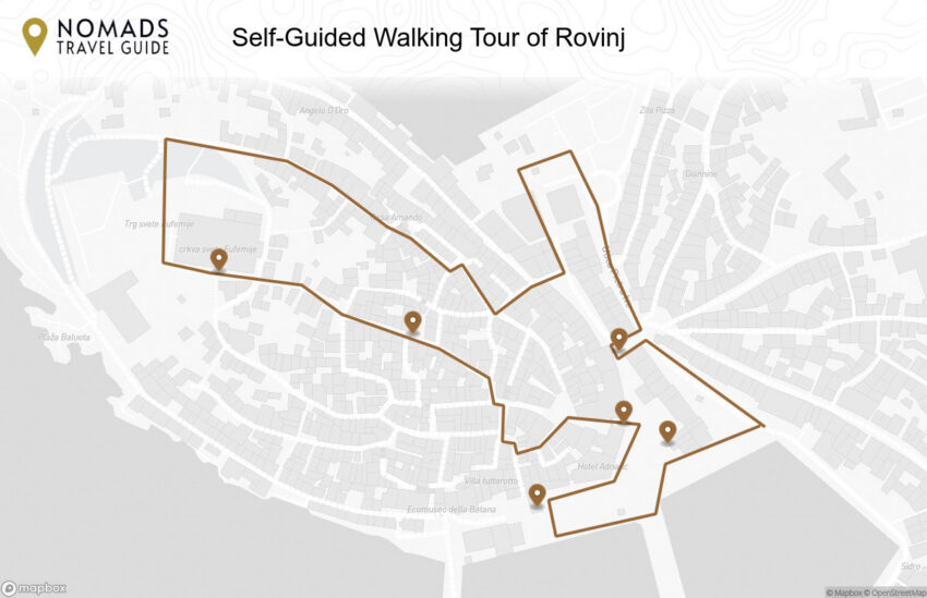 Map of the Self-Guided Walking Tour of Rovinj (+ Maps!) walking route with 6 stops in Rovinj.