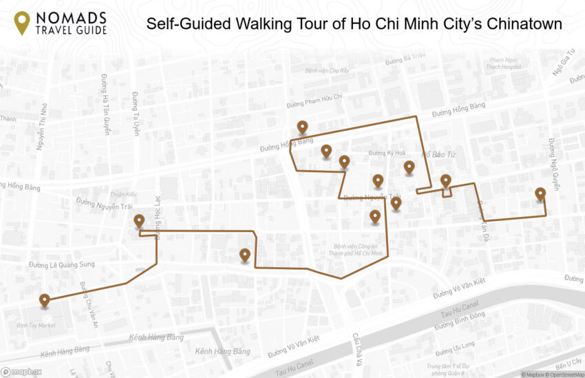 Map of the Self-Guided Walking Tour of Ho Chi Minh City’s Chinatown walking route with 12 stops in Ho Chi Minh City (Saigon).