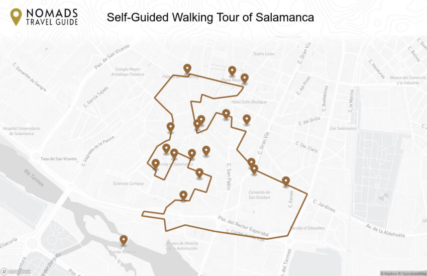 Map of the Self-Guided Walking Tour of Salamanca walking route with 19 stops in Salamanca.