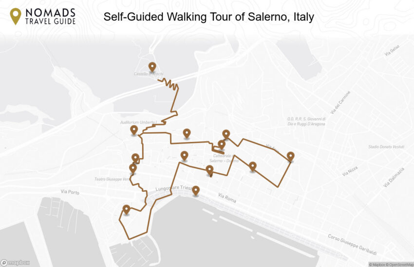 Map of the Self-Guided Walking Tour of Salerno, Italy walking route with 13 stops in Salerno.