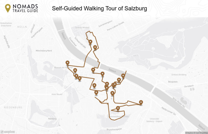 Map of the Self-Guided Walking Tour of Salzburg (+Maps!) walking route with 20 stops in Salzburg.