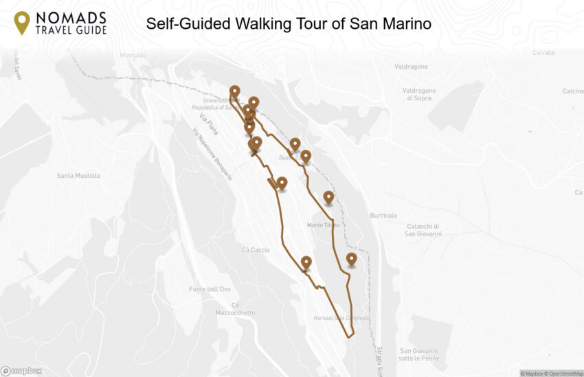 Map of the Self-Guided Walking Tour of San Marino walking route with 13 stops in San Marino.
