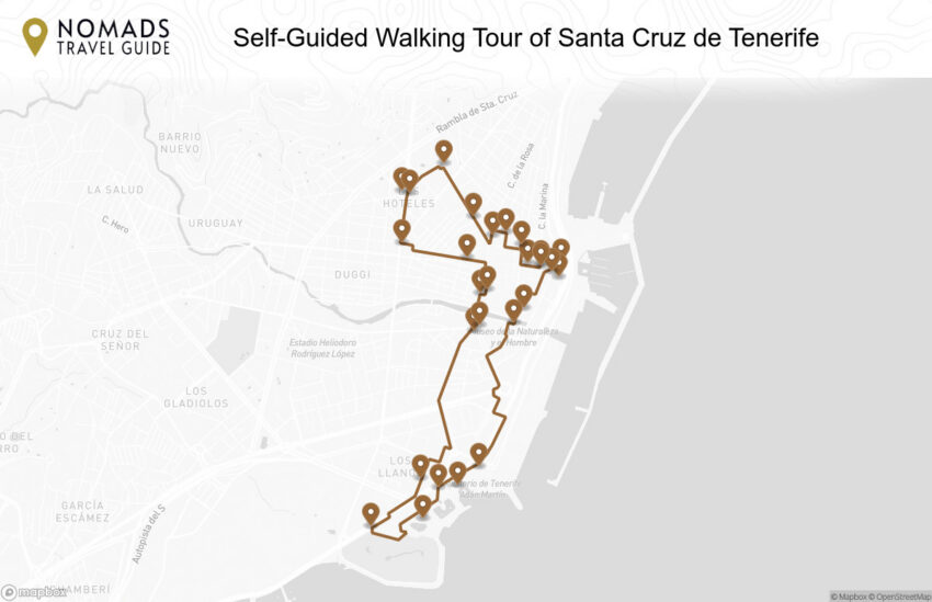 Map of the Self-Guided Walking Tour of Santa Cruz de Tenerife walking route with 27 stops in Santa Cruz de Tenerife.