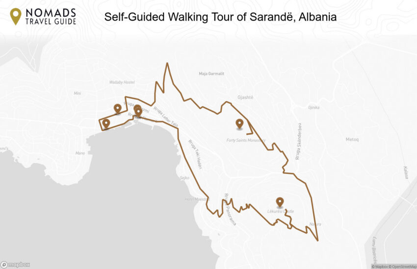 Map of the Self-Guided Walking Tour of Sarandë, Albania walking route with 6 stops in Sarandë.