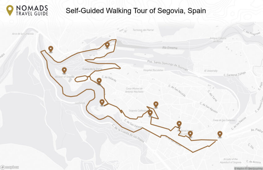 Map of the Self-Guided Walking Tour of Segovia, Spain walking route with 10 stops in Segovia.