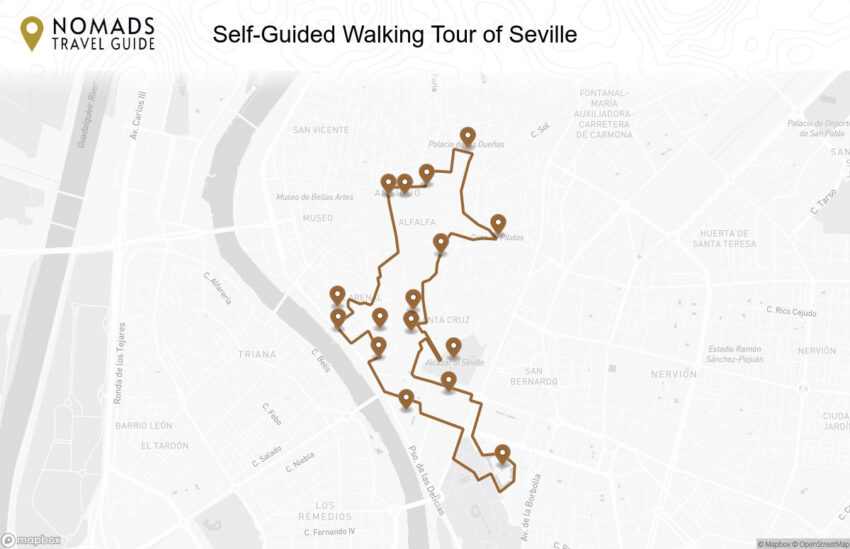 Map of the Self-Guided Walking Tour of Seville walking route with 16 stops in Seville.
