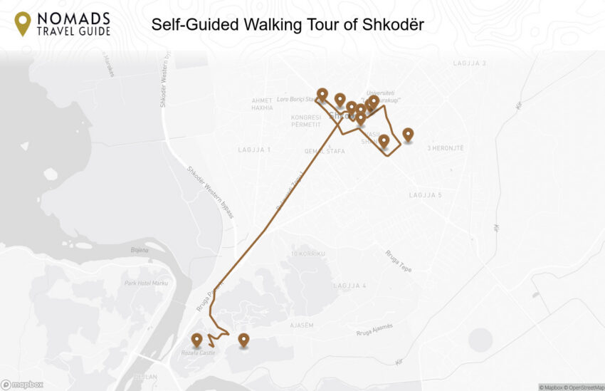 Map of the Self-Guided Walking Tour of Shkodër walking route with 11 stops in Shkodër.