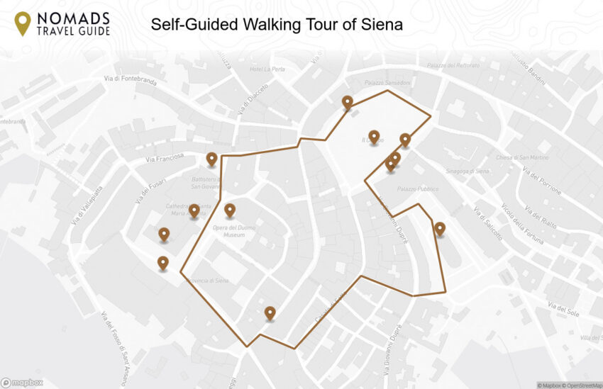 Map of the Self-Guided Walking Tour of Siena walking route with 12 stops in Siena.