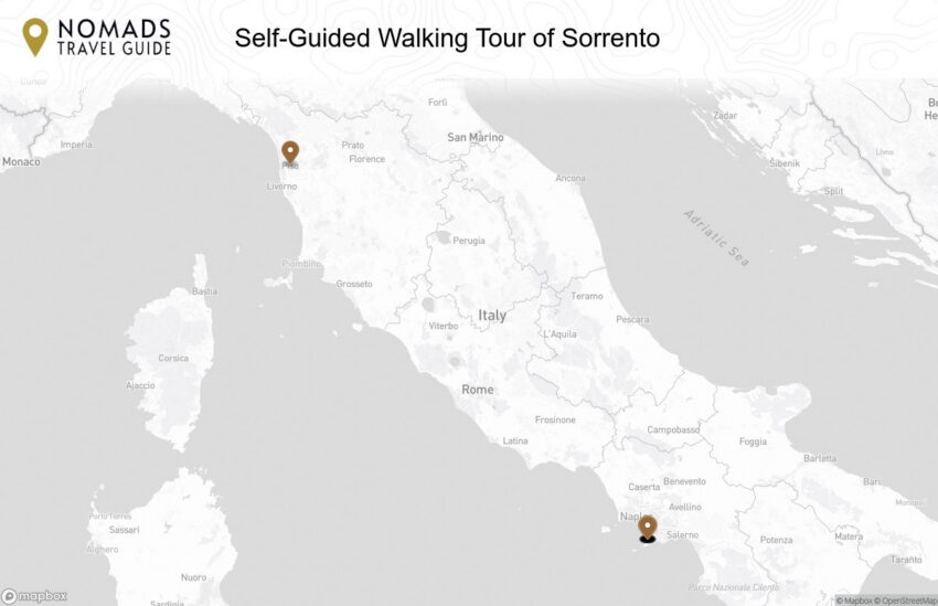 Map of the Self-Guided Walking Tour of Sorrento walking route with 15 stops in Sorrento.