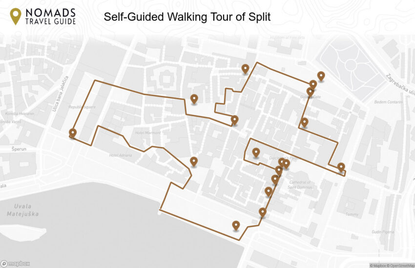 Map of the Self-Guided Walking Tour of Split (+Maps!) walking route with 18 stops in Split.