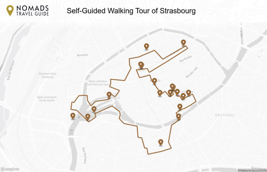 Map of the Self-Guided Walking Tour of Strasbourg (with Maps!) walking route with 19 stops in Strasbourg.