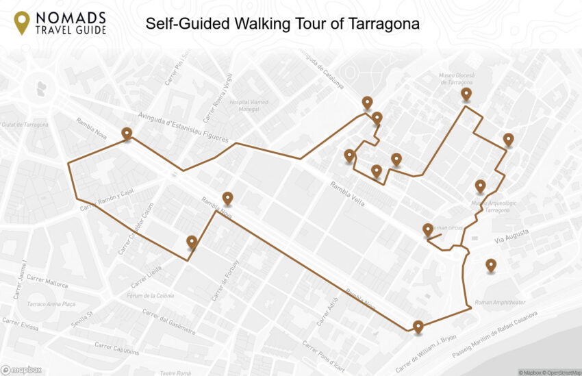 Map of the Self-Guided Walking Tour of Tarragona walking route with 14 stops in Tarragona.