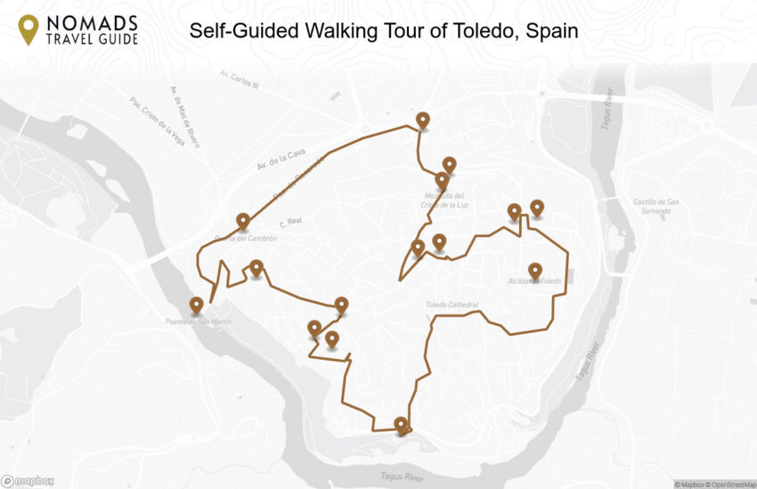 Map of the Self-Guided Walking Tour of Toledo, Spain walking route with 15 stops in Toledo.