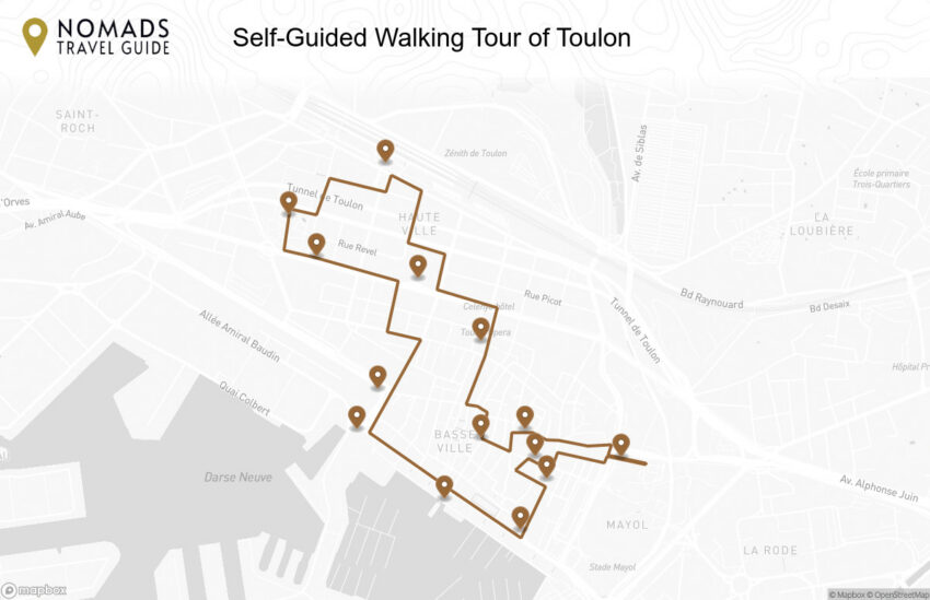Map of the Self-Guided Walking Tour of Toulon (with Maps!) walking route with 14 stops in Toulon.