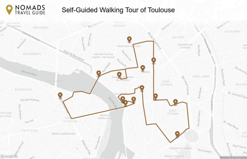 Map of the Self-Guided Walking Tour of Toulouse (+ Maps!) walking route with 13 stops in Toulouse.