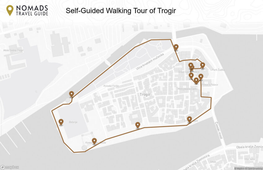 Map of the Self-Guided Walking Tour of Trogir (+ Maps!) walking route with 12 stops in Trogir.