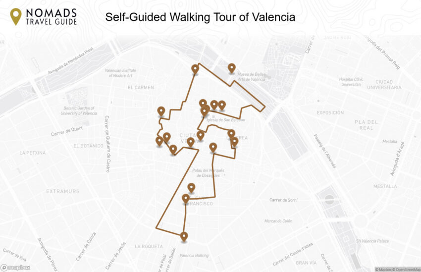 Map of the Self-Guided Walking Tour of Valencia walking route with 19 stops in Valencia.