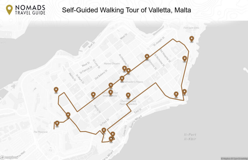 Map of the Self-Guided Walking Tour of Valletta, Malta walking route with 18 stops in Valletta.