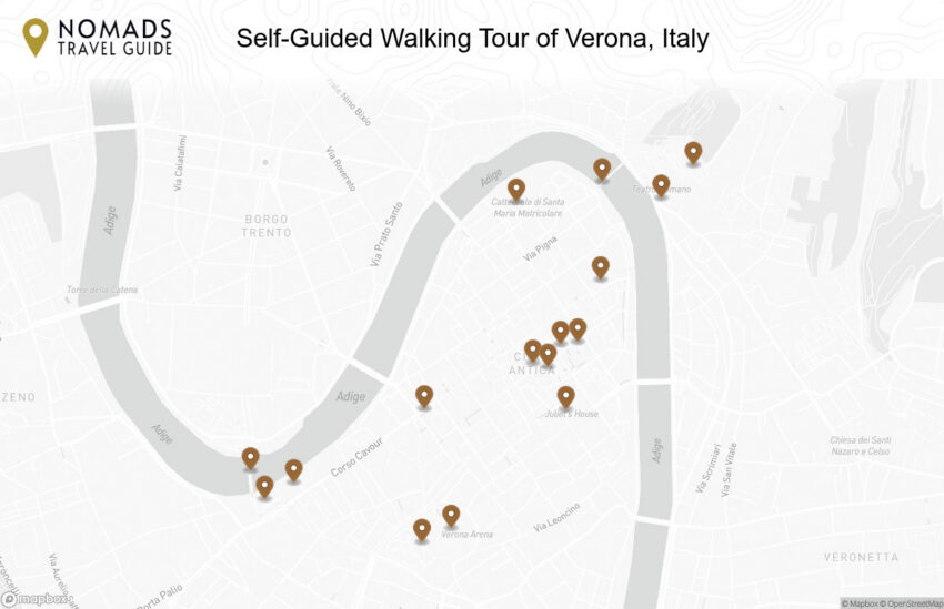 Map of the Self-Guided Walking Tour of Verona, Italy walking route with 16 stops in Verona.