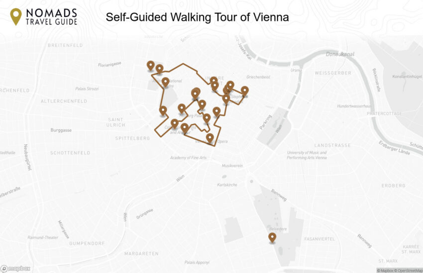 Map of the Self-Guided Walking Tour of Vienna (+Maps!) walking route with 22 stops in Vienna.