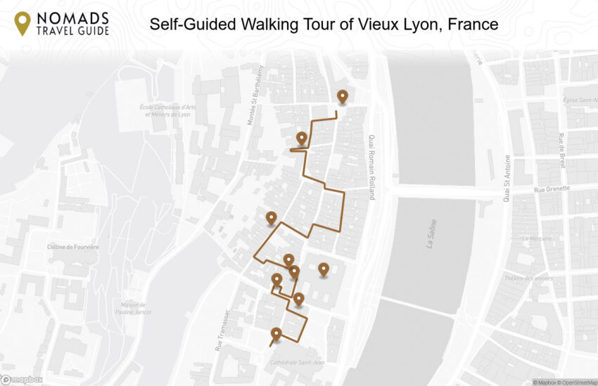 Map of the Self-Guided Walking Tour of Vieux Lyon, France walking route with 9 stops in Lyon.
