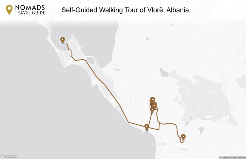 Map of the Self-Guided Walking Tour of Vlorë, Albania walking route with 10 stops in Vlorë.