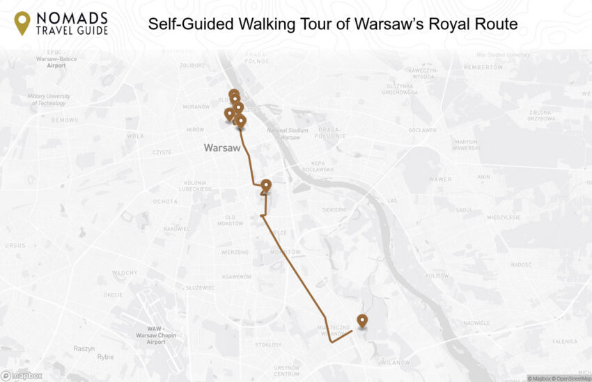 Map of the Self-Guided Walking Tour of Warsaw’s Royal Route walking route with 8 stops in Warsaw.
