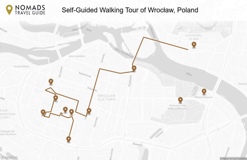 Map of the Self-Guided Walking Tour of Wrocław, Poland walking route with 11 stops in Wrocław.