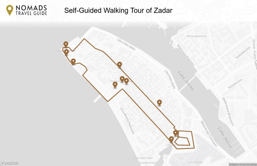Map of the Self-Guided Walking Tour of Zadar (+Maps!) walking route with 10 stops in Zadar.