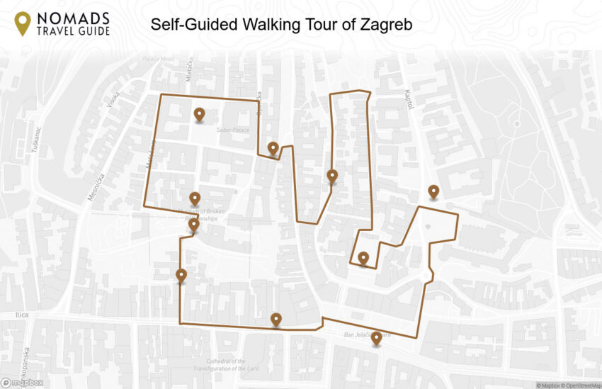 Map of the Self-Guided Walking Tour of Zagreb (+Maps!) walking route with 10 stops in Zagreb.
