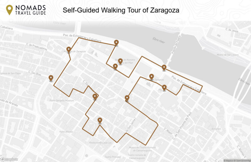 Map of the Self-Guided Walking Tour of Zaragoza walking route with 11 stops in Zaragoza.