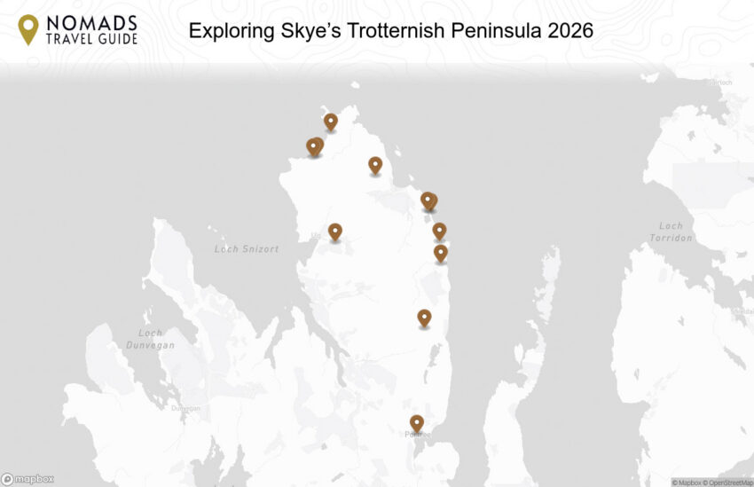 Map of the Exploring Skye’s Trotternish Peninsula: Map, Walks & Highlights walking route with 11 stops in Isle of Skye.