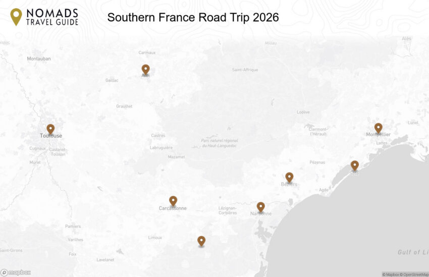 Map of the Southern France Road Trip: 10 Days from Toulouse to Montpellier walking route with 8 stops in Occitanie & Languedoc.