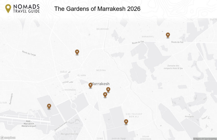 Map of the The Gardens of Marrakesh: A Guide to the City’s Green Oases walking route with 7 stops in Marrakesh.